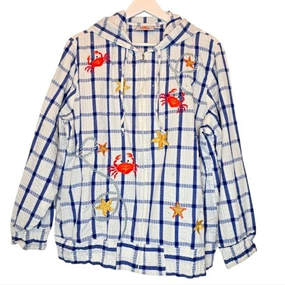 QUACKER FACTORY Crab Hood Jacket Seersucker Cotton Women 1X Coastal Grandma Y2K - Image 2 of 4