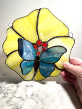 handcrafted stained glass window blue butterfly on yellow flower 3-D sun catcher