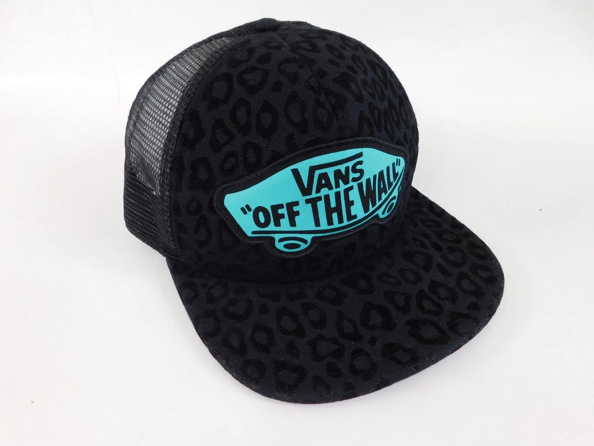 WOMEN S VANS OFF THE WALL BLACK LEOPARD TEAL AQUA DESIGN TRUCKER SNAP BACK HAT