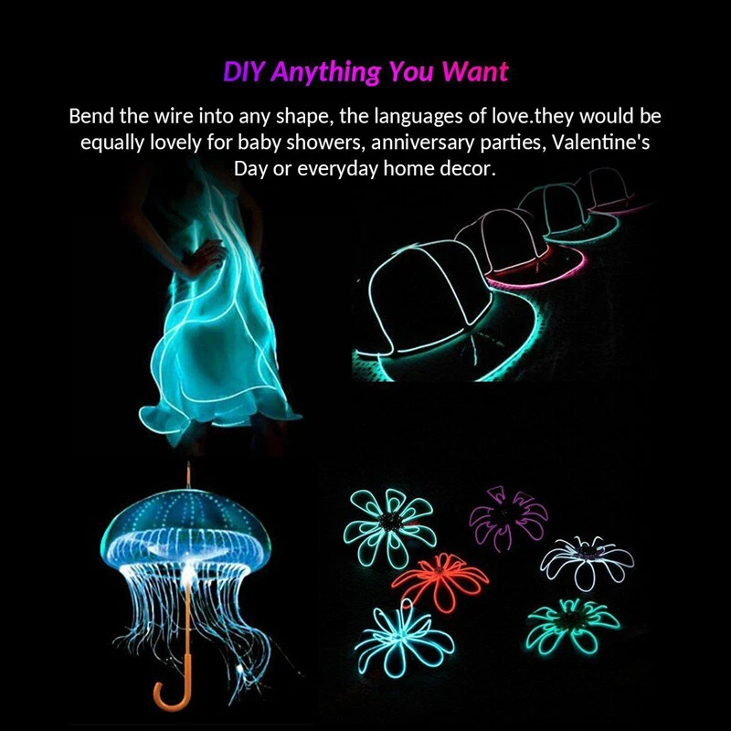 Glow EL Wire String Neon LED Light Strip Rope Tube Decor Party + Controller 2022 - Image 2 of 4