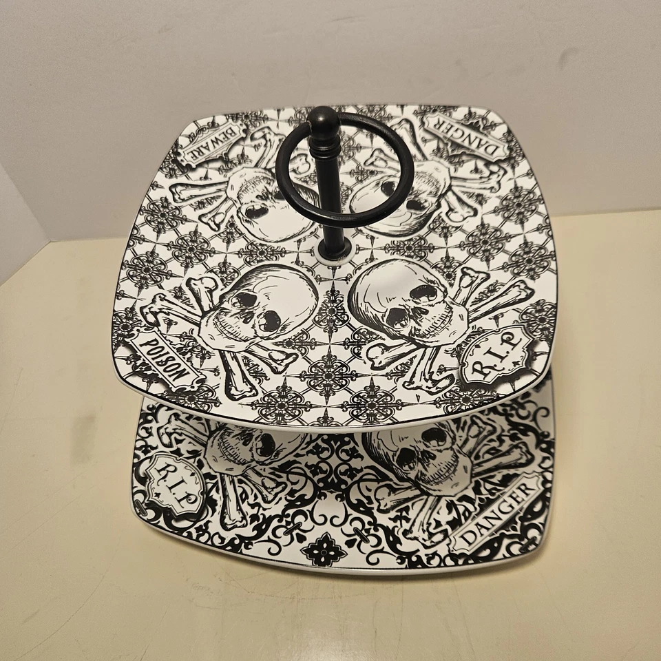 222 Fifth Halloween Skull Cross Bone Skeleton 2 Tier Tid Bit Tray Display Plate  - Image 2 of 4