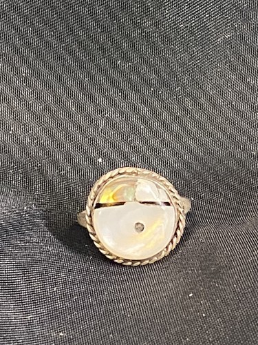 VINTAGE STERLING SILVER ZUNI MOONSTONE ONYX ABALONE RING SIZE 6.5 - Picture 3 of 11