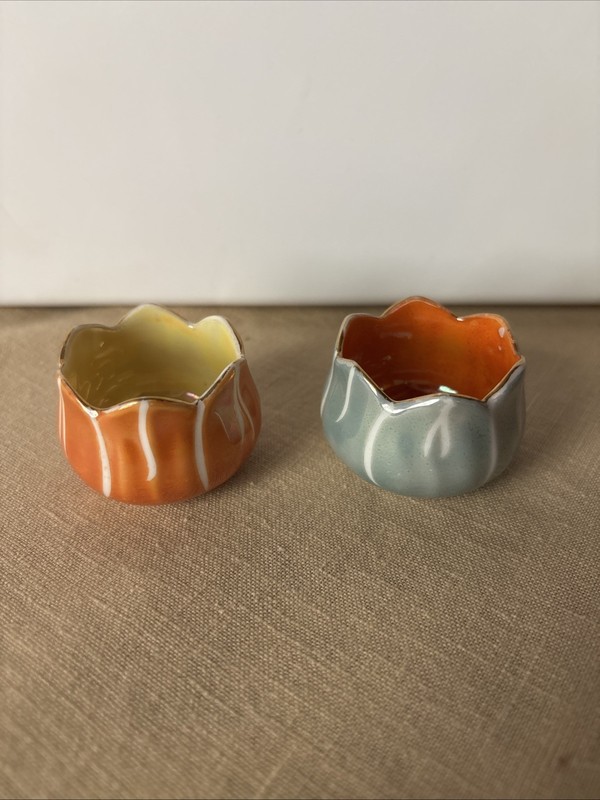 2 Noritake Lusterware Open Salt Cellar Art Deco Japan Lotus Flower Vintage