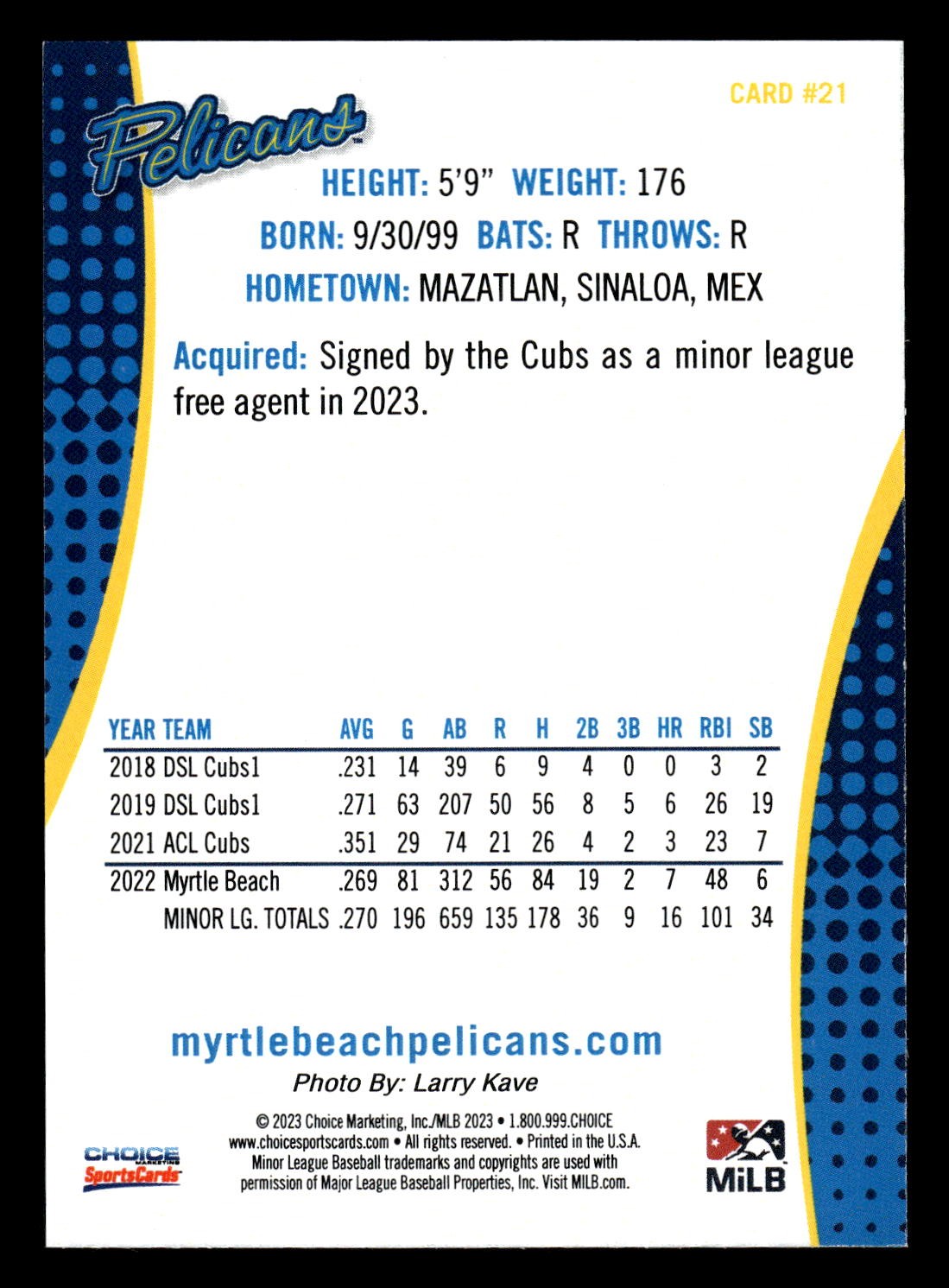 Juan Mora 2023 Choice Myrtle Beach Pelicans #21 Myrtle Beach Pelicans
