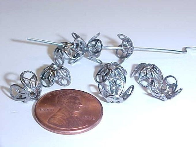 24 VINTAGE STEEL 10mm. FILIGREE PETAL BEAD CAPS 2454