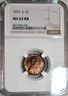 NGC MS-63 RB 1931-S Lincoln Cent, Glossy, Red-Brown, Key-Date!
