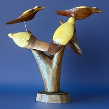 Folk Art Hand Carved Wooden Bird Sculpture On Tree Branch 4 Birds 10 Tall