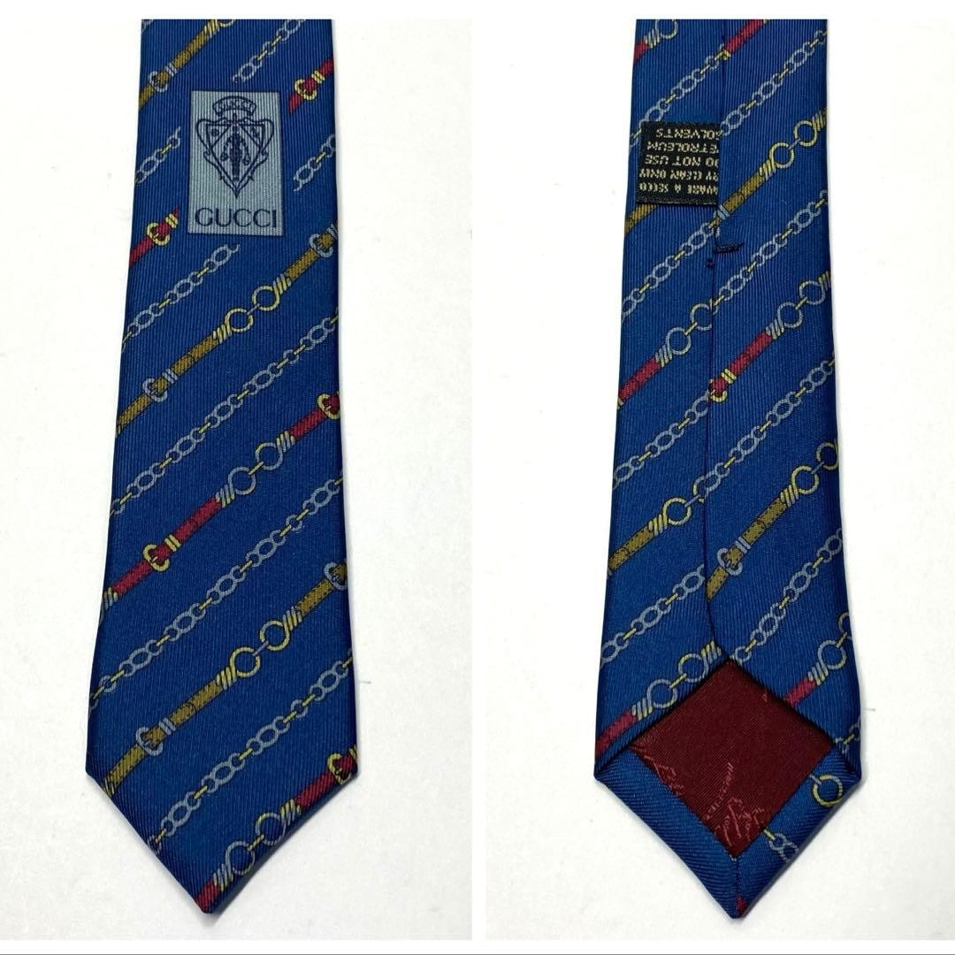 Gucci Necktie Tie 100% Silk Blue Chain Striped Pattern 3.5 inches From Japan thumbnail 7