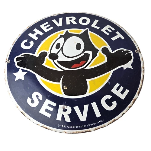 Vintage Chevrolet Porcelain Sign - Service Chevy Felix The Cat Gas Pump Ad Sign