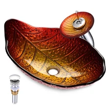 Aquaterior Tempered Glass Sink Transitional Style Leaf Shape Waterfall Faucet