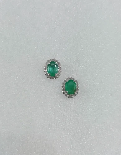 Emerald Oval Diamond Halo Stud Earrings 925 Sterling Silver Handmade Jewelry
