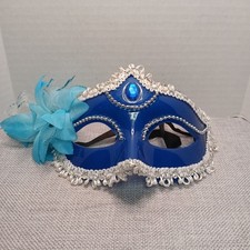 Venetian Blue and White Masquerade Eyemask with Flower, Glitter and Rhinestones