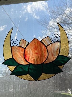 Stained Glass Lotus Blossom SunCatcher Orange Iridescent Glass Usa Handcrafted