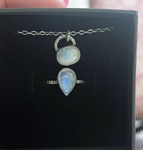 Rainbow Moonstone Bezel Set 925 Silver Ring & Matching Pendant Necklace - Custom