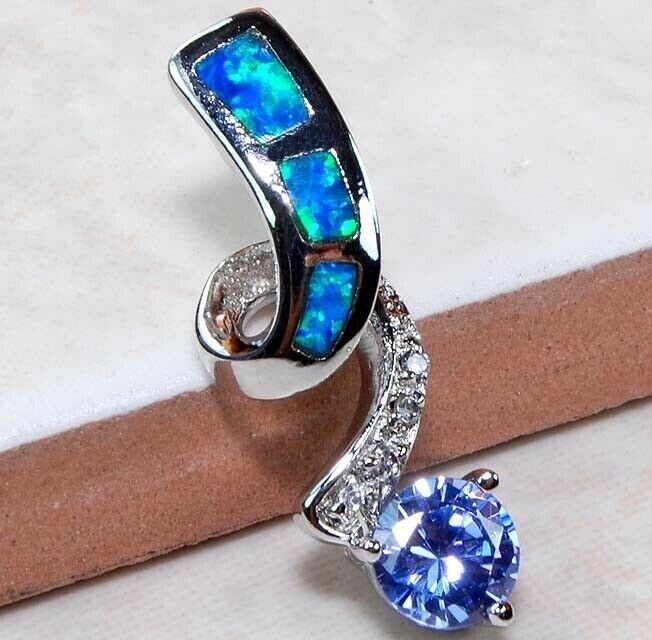 1CT Treated Blue Sapphire & Australian Opal Inlay 925 Sterling Silver Pendant