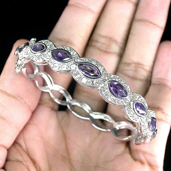 925 STERLING SILVER 7.80 CTW IOLITE & WHITE TOPAZ BANGLE, 6-6.5'' - Image 2 of 2