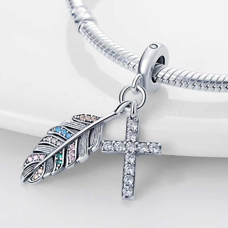 Feather Cross Rainbow Crystal Charm in Genuine 925 Sterling Silver for Good Luck
