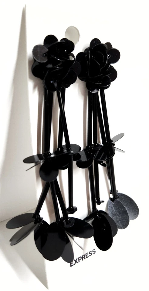 Pendientes colgantes lineales con cuentas Express flor cristal tono negro nuevos Foto 3 de 4