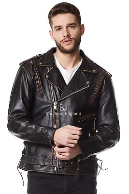 Brando Mens Biker Leather Jacket Black Distressed | Real Hide Strong ...