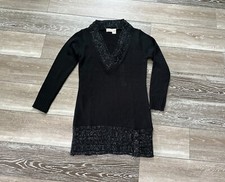 VINTAGE ALLISON BRITTNEY SZ L BLACK SWEATER DRESS W METALLIC SILVER DETAILS