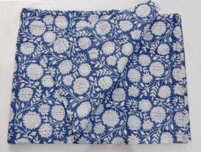 Indian Handmade Cotton Kantha Quilt Hand Block Print King Size Bedspread Blanket
