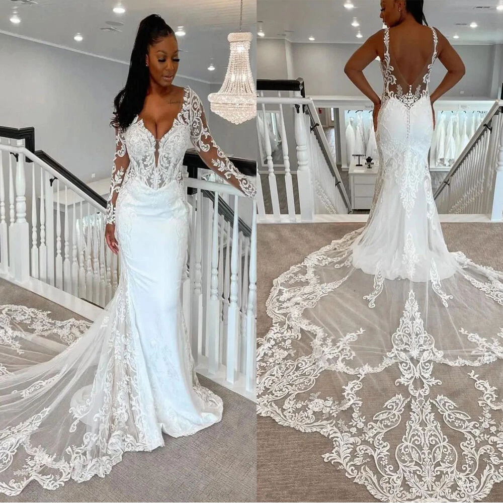 Mermaid Wedding Dresses Detachable Train Long Sleeves Sweep Train Bridal  Gowns