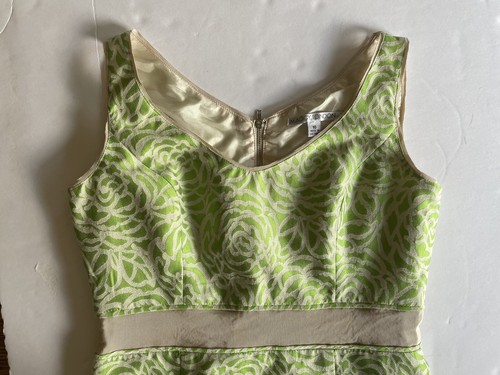 Maggy London Vintage Styled Dress Size 10 Lime Green Beige Trim Sleeveless Zip - Picture 10 of 15