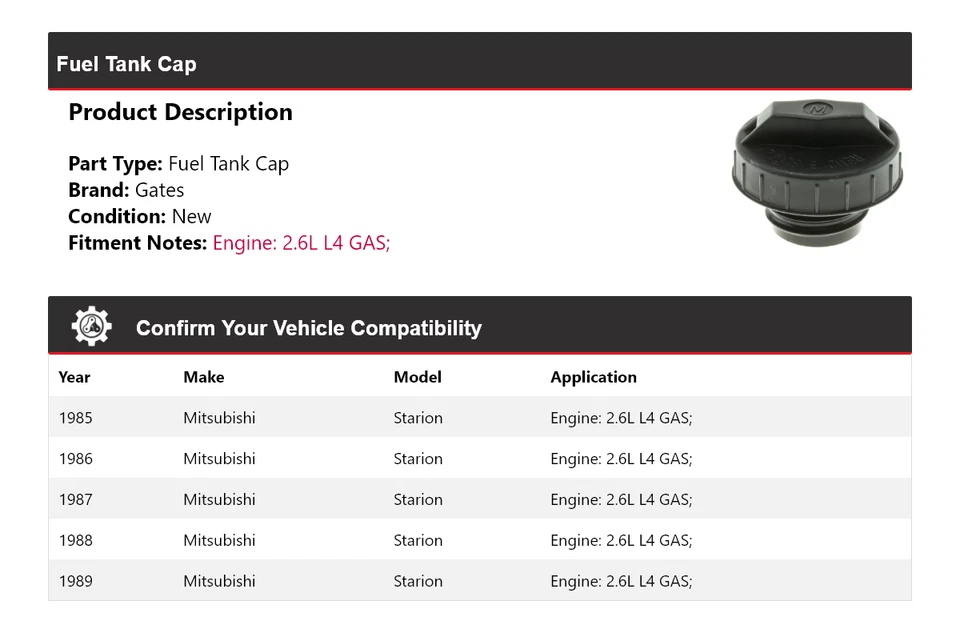 Para Mitsubishi Starion 1985-1989 2,6 L L4 Gas Tapa Tanque Puertas 1986 1987 1988 Foto 2 de 4