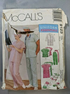 McCalls Vtg Pattern 9123 Unisex Lab Coat Top Pants Dress Hats Belt S M CUT L