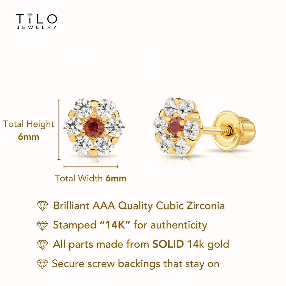 14K Real Solid Gold Flower Halo Birthstone CZ Sleeper Studs Earrings Screw-back - Image 2 of 4