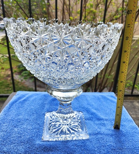 Antique Stars & Buttons 11" Pedestal Vase ABP American Brilliant Cut Glass Bowl - Picture 16 of 17