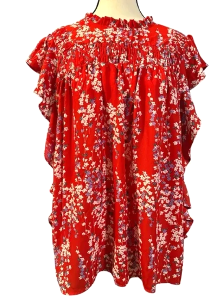DOKOTOO Super Sweet RED FLORAL TOP BLOUSE Poet Peasant RUFFLE SMOCKED Drapey M