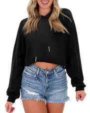 Women's Drawstring Cropped Hoodie Casual Plain Fashion Hoodies Workout Crop T...
