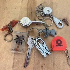 Lot 8 Keychains, Swiss+Tech Utili-Key, Troika, Spear Brand Scissors Tape Measure