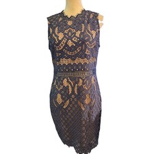 Mi Ami Navy Crochet Lace Cocktail Dress, Bodycon Sheath Occasion Dress, Large