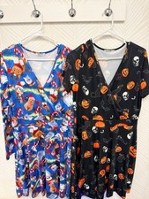 2 Women's Seasonal Graphic V-Neck Dresses Christmas Cats and Halloween Skater