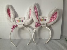 NEW White Furry Pink Polka Dot Lining Bunny Ears w Pink Bow 2 