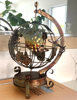 VTG Copper Music Box Sculpture Rotating Globe Airplane 10.5x7