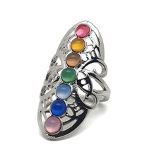 Ring 7 Chakra Crystals Large Filigree Gemstone Boho Adjustable Silver Plated