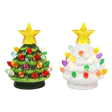 Ceramic Christmas Tree Set of 2 Mini 3.5â€H LED Light Up Tabletop Trees with M