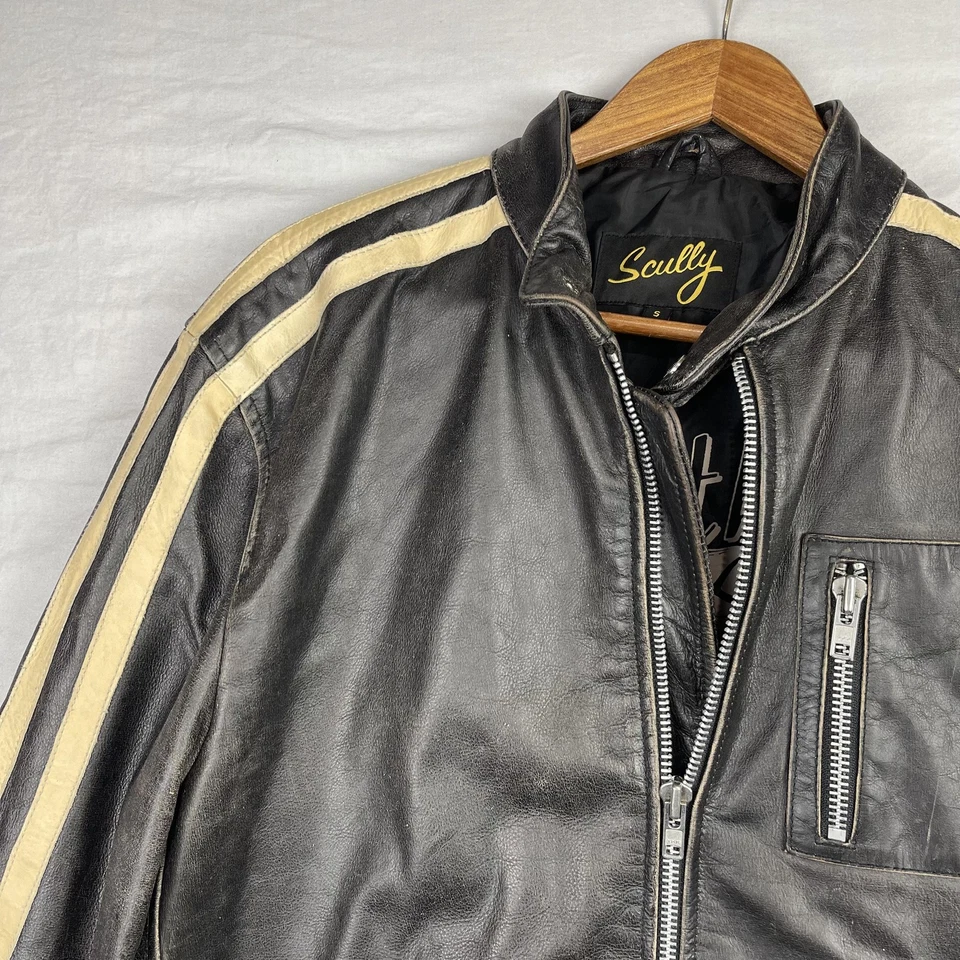 Chaqueta de Cuero Scully Para Hombre Pequeña Negra Café Corredor Motocicleta Puños con Cremallera Rayas Foto 3 de 4