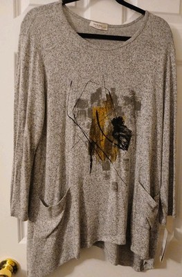 Jess & Jane mineral washed tunic top with abstract print & patch pockets LARGE 