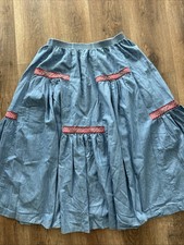 VTG 70s Womens Prairie Denim Maxi Skirt L Ranch Folk Cowgirl USA Embroidered C4