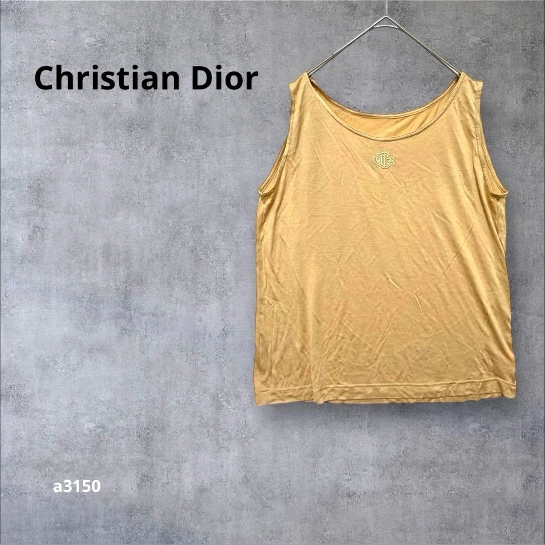 USED CHRISTIAN DIOR SLEEVELESS SILK TANK TOP, BEIGE, SIZE M GOOD