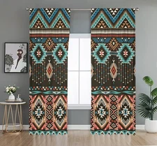 2Pcs Bohemian Geometric Pattern Curtains  Turquoise Brown Living Room Bedroom