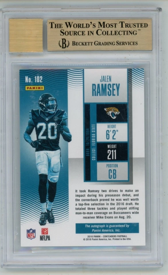 Boleto de campeonato Jalen Ramsey 2016 Panini Contenders RC automático/25 BGS 9,5 gema Foto 2 de 2