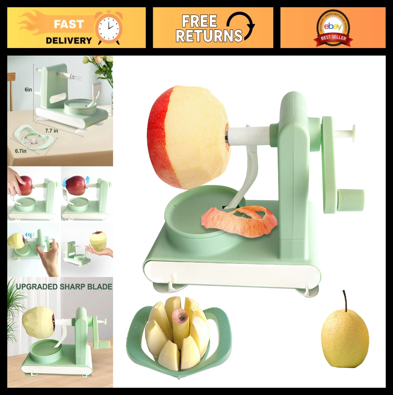 Effortless Apple Peeler Slicer Corer Set – 8 Wedge Stainless Steel Blades, Light