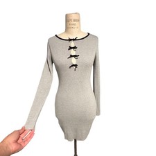 No Comment Womens Gray Ribbed Long Sleeve Bow Keyhole Bodycon Mini Dress Med
