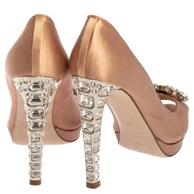 Miu Miu Pink Satin Crystal Embellished Heel Peep Toe Platform