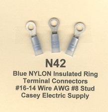 25 Blue NYLON Insulated RING Terminal Connectors 16-14 Wire Gauge AWG 8 Stud